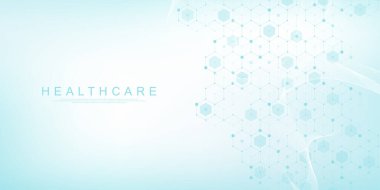 Sağlık hizmetleri ve tıbbi model yenilik kavramı arka plan tasarımı. Soyut geometrik altıgenler tıbbı ve bilim geçmişini şekillendirir. Vektör illüstrasyonu.