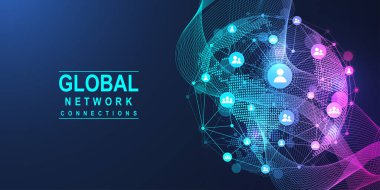 Küresel ağ bağlantısı kavramı. Büyük veri görselleştirmesi. Küresel bilgisayar ağlarındaki sosyal ağ iletişimi. İnternet teknolojisi. İş için. - Bilim. Vektör illüstrasyonu.