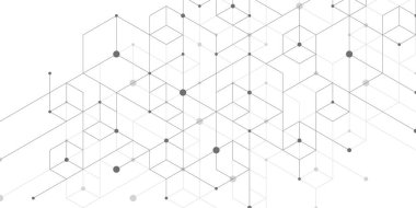 Kare kareli modern teknoloji vektör çizimi. Teknoloji afişi küp dokusu şablonu. Çizgiler ve noktalarla dijital geometrik soyutlama.