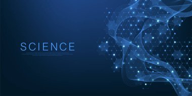 Teknoloji soyut çizgileri ve noktalar arka planı altıgenlerle birleştiriyor. Altıgenler dijital veri ve büyük veri konseptini birbirine bağlar. Hex dijital veri görselleştirme. Vektör illüstrasyonu.