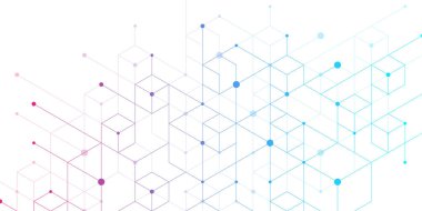 Kare kareli modern teknoloji vektör çizimi. Teknoloji afişi küp dokusu şablonu. Çizgiler ve noktalarla dijital geometrik soyutlama.