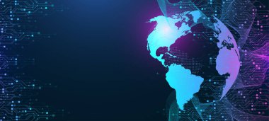 Kuantum teknolojisi konsepti. Derin öğrenme yapay zekası. Devre panosu arka plan tasarımı. Büyük veri algoritmaları görselleştirme. Sinirsel Ağ illüstrasyonu