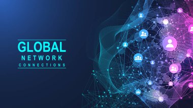 Küresel ağ bağlantısı kavramı. Büyük veri görselleştirmesi. Küresel bilgisayar ağlarındaki sosyal ağ iletişimi. İnternet teknolojisi. İş için. - Bilim. Vektör illüstrasyonu.