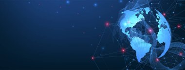 Küresel ağ bağlantısı kavramı. Büyük veri görselleştirmesi. Küresel bilgisayar ağlarındaki sosyal ağ iletişimi. İnternet teknolojisi. İş için. - Bilim. Vektör illüstrasyonu.