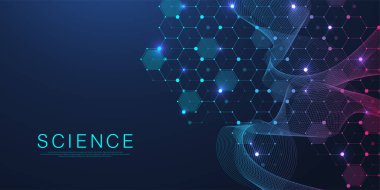 Modern sağlık hizmetleri ya da tıbbi geçmiş tasarımı. Sağlık hizmetleri yenilik kavramı. Yatay başlık web pankartı. Tıp, bilim ve kimya için altıgen şekilli soyut geometrik arkaplan