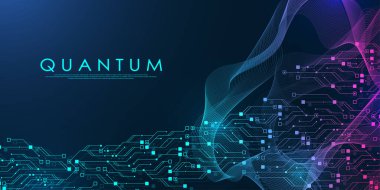 Kuantum bilgisayar teknolojileri konsepti. Gelecekçi mavi devre arkaplan vektörü. Modern teknoloji devre kartı dokusu arka plan tasarımı. Dalgalar akar. Kuantum patlama teknolojisi