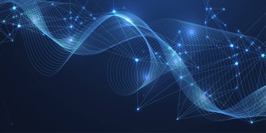 Noktaların ve çizgilerin vektör bağlantıları. Teknoloji afişi şablonu. Grafik olarak soyut arkaplan iletişimi. Bileşik çizgiler ve noktalarla en düşük dizi. Dijital veri görselleştirmesi.