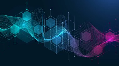 Teknoloji soyut çizgileri ve noktalar arka planı altıgenlerle birleştiriyor. Altıgenler dijital veri ve büyük veri konseptini birbirine bağlar. Hex dijital veri görselleştirme. Vektör illüstrasyonu.