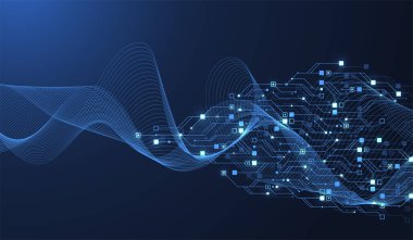 Kuantum bilgisayar teknolojileri konsepti. Gelecekçi mavi devre arkaplan vektörü. Modern teknoloji devre kartı dokusu arka plan tasarımı. Dalgalar akar. Kuantum patlama teknolojisi