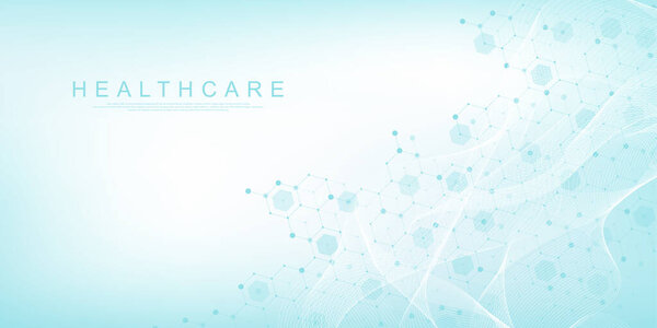 Modern health care or medical background design. Health care innovation concept. Horizontal header web banner. Abstract geometric background with hexagon shapes for medicine, science, chemistry