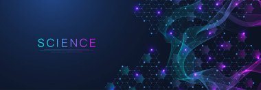 Modern sağlık hizmetleri ya da tıbbi geçmiş tasarımı. Sağlık hizmetleri yenilik kavramı. Yatay başlık web pankartı. Tıp, bilim ve kimya için altıgen şekilli soyut geometrik arkaplan