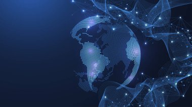 Genel ağ bağlantısı illüstrasyonu. Küresel iş dünyasının dünya haritası ve kompozisyon kavramı. Küresel internet teknolojisi. Büyük veri görselleştirme illüstrasyonu.