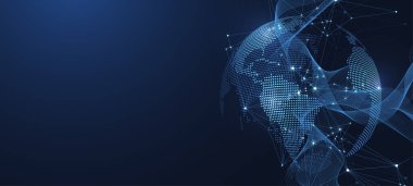 Küresel ağ bağlantısı kavramı. Büyük veri görselleştirmesi. Küresel bilgisayar ağlarındaki sosyal ağ iletişimi. İnternet teknolojisi. İş için. - Bilim. Vektör illüstrasyonu.