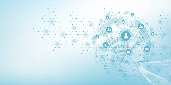 Global network connection concept. Big data visualization. Social network communication in the global computer networks. Internet technology. Business. Science. Vector illustration.