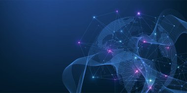 Küresel ağ bağlantısı kavramı. Büyük veri görselleştirmesi. Küresel bilgisayar ağlarındaki sosyal ağ iletişimi. İnternet teknolojisi. İş için. - Bilim. Vektör illüstrasyonu.