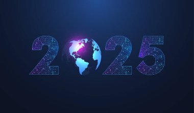 Dijital teknoloji soyut poster şablonu 2025 devre kartı desenli. Teknolojik dijital pankart veya başlık 2025 Yeni Yıl.
