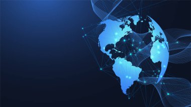 Küresel ağ bağlantısı kavramı. Büyük veri görselleştirmesi. Küresel bilgisayar ağlarındaki sosyal ağ iletişimi. İnternet teknolojisi. İş için. - Bilim. Vektör illüstrasyonu.