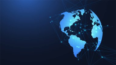 Küresel ağ bağlantısı kavramı. Büyük veri görselleştirmesi. Küresel bilgisayar ağlarındaki sosyal ağ iletişimi. İnternet teknolojisi. İş için. - Bilim. Vektör illüstrasyonu.
