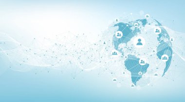 Küresel ağ bağlantısı kavramı. Büyük veri görselleştirmesi. Küresel bilgisayar ağlarındaki sosyal ağ iletişimi. İnternet teknolojisi. İş için. - Bilim. Vektör illüstrasyonu.