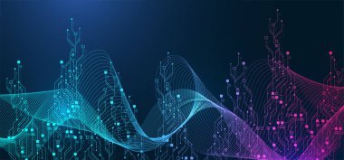 Yapay Zeka veya makine öğrenme vektör tasarımı. Devre kartı ve anakart dokusu tasarımlı kuantum bilgisayar teknolojisi kavramı. Dalga akışı kuantum patlaması.