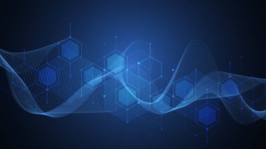 Küpler, çizgiler, noktalar ve altıgenlerden oluşan teknoloji soyut arka planı. Poster, afiş, başlık, dipnot, sunum ve yenilik için altıgen dijital konsept. Vektör illüstrasyonu