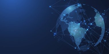 Küresel ağ bağlantısı kavramı. Büyük veri görselleştirmesi. Küresel bilgisayar ağlarındaki sosyal ağ iletişimi. İnternet teknolojisi. İş için. - Bilim. Vektör illüstrasyonu.