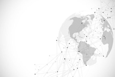 Küresel ağ bağlantısı kavramı. Büyük veri görselleştirmesi. Küresel bilgisayar ağlarındaki sosyal ağ iletişimi. İnternet teknolojisi. İş için. - Bilim. Vektör illüstrasyonu.