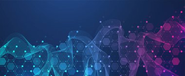 Moleküler soyut yapı ve genetik mühendisliği DNA 'sı. Sağlık ve tıp geçmişi kavramı. Bilimsel araştırma geçmişi. Dalga akışı. Yenilik modeli. Vektör illüstrasyonu