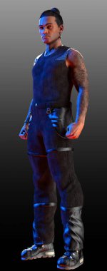 Handsome Sexy African American Man in Black Leather, Tattoos, Muscular, Action Pose