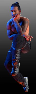 Handsome Sexy African American Man in Black Leather, Tattoos, Muscular, Action Pose