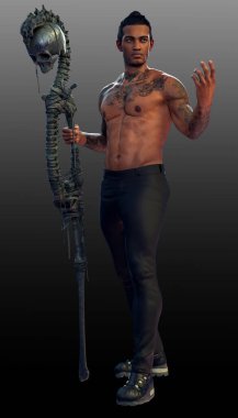 Handsome Sexy African American Man in Black Leather, Tattoos, Muscular, Action Pose