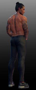 Handsome Sexy African American Man in Black Leather, Tattoos, Muscular, Action Pose