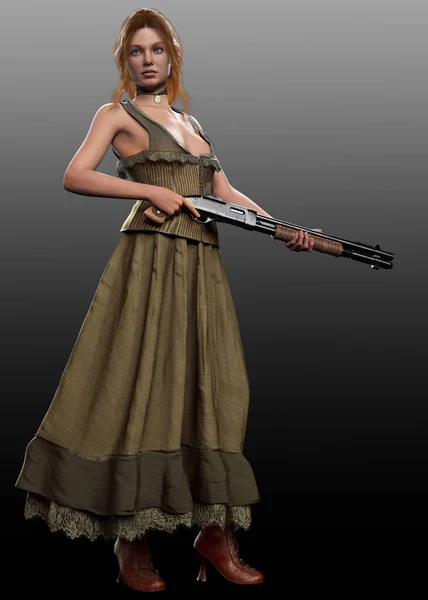 Old West Woman in Western Dress with Shotgun, Wild West