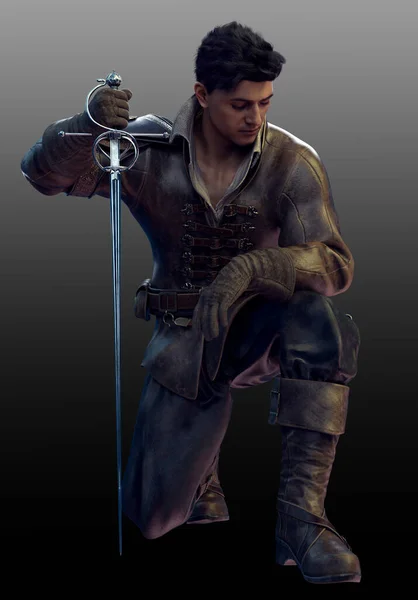 Fantasy Mężczyzna Rycerz Lub Pirat Skórzanej Zbroi Mieczem Pistoletem — Zdjęcie stockowe