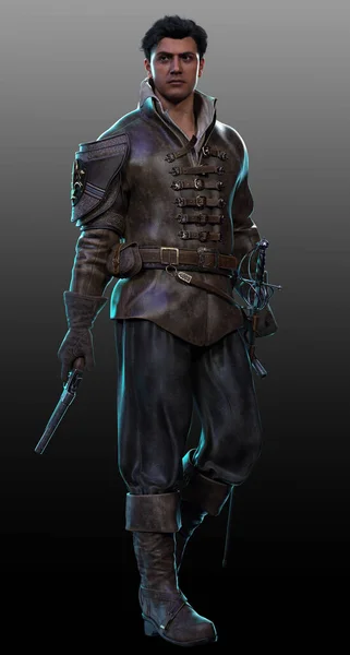 Fantasy Male Knight Pirate Leather Armor Sword Pistol — Stock Photo, Image