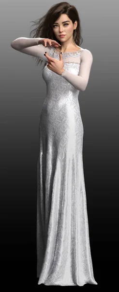 Vacker Brunett Kvinna Lång Silver Klänning Elegant — Stockfoto