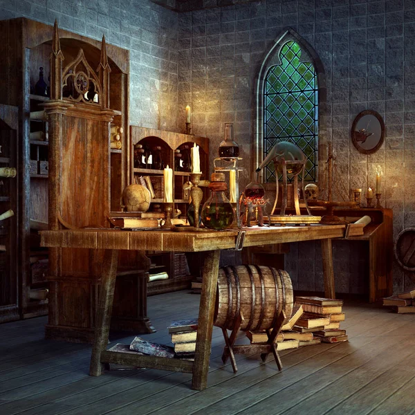 Fantasy Alchemy Workshop Vagy Laboratórium Varázsló Varázsló Varázsló Alkimista — Stock Fotó