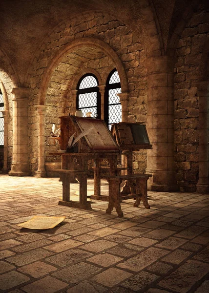 Fantasy Středověký Kamenný Klášter Pokoj Scriptorium Psacím Stolem — Stock fotografie