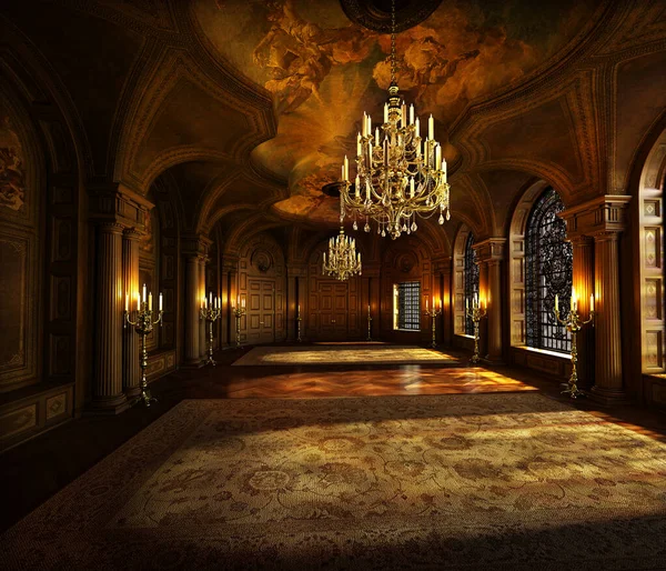 Fantaisie Médiévale Chambre Baroque Dorée Avec Lustre — Photo
