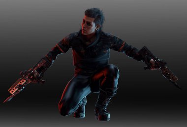 Siberpunk, Bilim Kurgu, veya Dystopian POC Erkek Deri Giyen Makineli Tabancalar