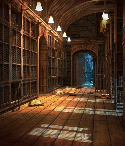 Sci Steampunk Oder Fantasy Alte Bibliothek Mit Bücherregalen — Stockfoto