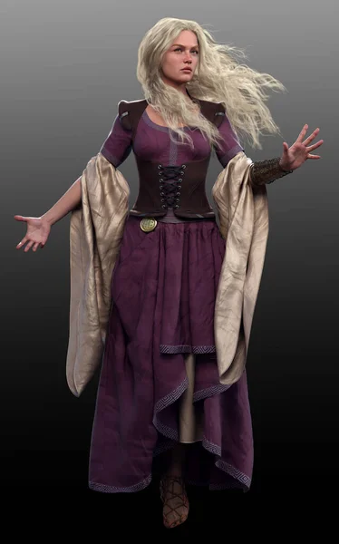 Mulher Medieval Fantasia Com Cabelo Loiro Vestido Vintage Longo Mago — Fotografia de Stock