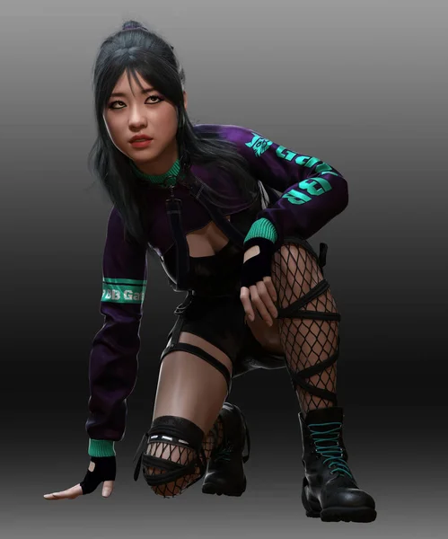 Sci Cyberpunk Ασιάτισσα Γυναίκα Στο Φουτουριστικό Δρόμο Φορούν Μόδα — Φωτογραφία Αρχείου