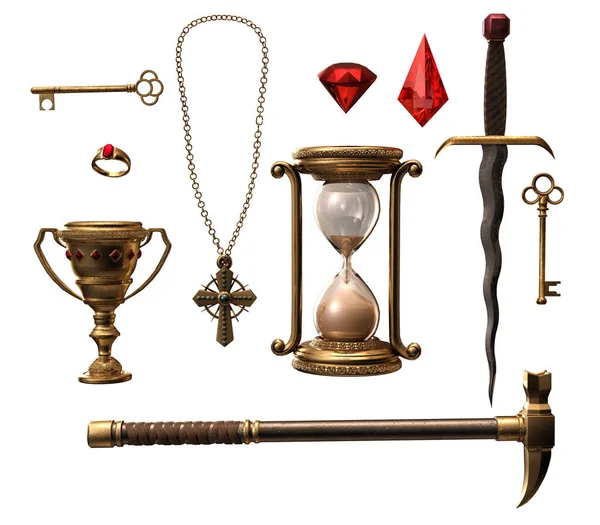 Cgi Render Treasure Items Juwelen Wapens Sleutel — Stockfoto