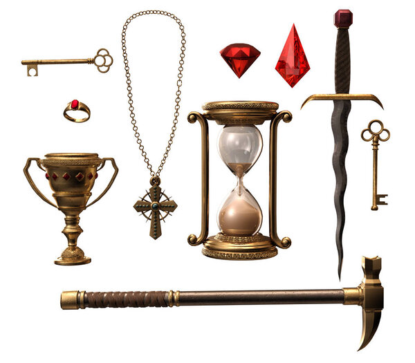 CGI Render of Treasure Items, Jewels, Weapons, Key