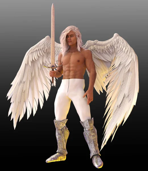Fantasy Angel Warrior Karddal Fehér Szárnyakkal — Stock Fotó