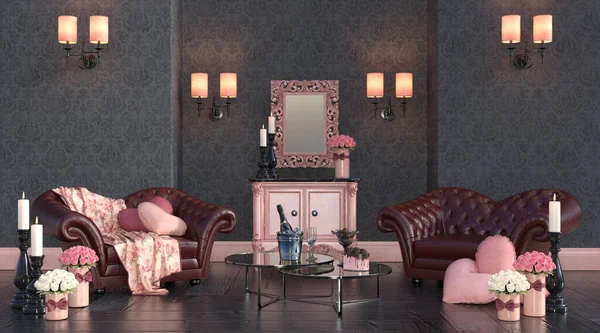 Cgi Sevgililer Günü Odası Şömineli Romantik Çişleri Şampanya Çikolata — Stok fotoğraf