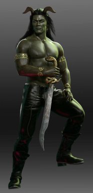 Sexy Fantasy Orc Male Warrior Barbarian with Green Skin, Shirtless, Buff, Muscular clipart