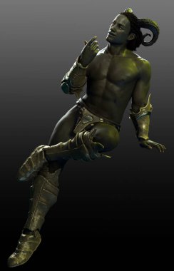 Yeşil derili, tişörtsüz, kaslı, kaslı Seksi Fantezi Ork Erkek Barbar