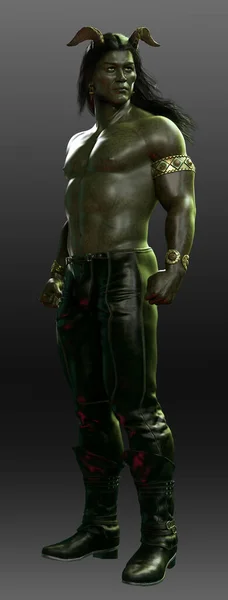 性感的幻想兽人具有绿色皮肤 无上衣 肌肉的男性战士野蛮人 — 图库照片